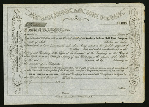 Raw scan of stock certificate of Northern Indiana RR Co scanned against black