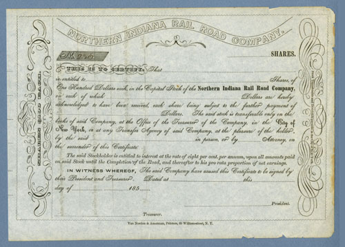 Raw scan of stock certificate of Northern Indiana RR Co scanned against blue