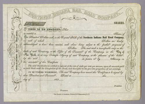 Raw scan of stock certificate of Northern Indiana RR Co scanned against medium gray