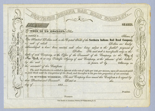 Raw scan of stock certificate of Northern Indiana RR Co scanned against light gray
