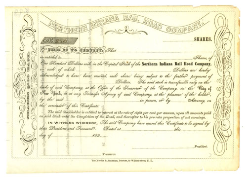 Raw scan of stock certificate of Northern Indiana RR Co scanned against white