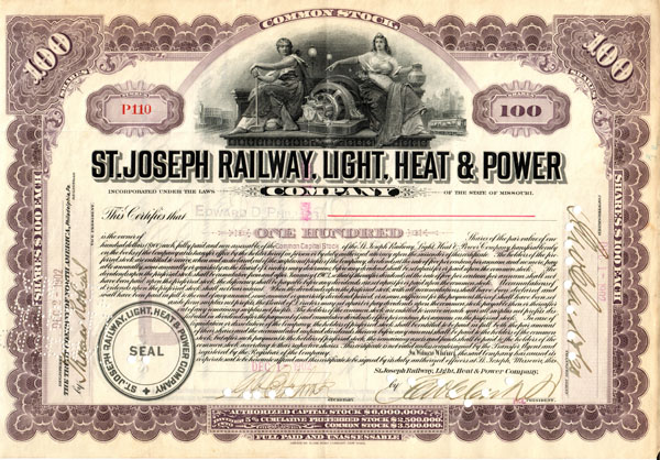 Stock certificate from the St Joseph Railway Light Heat & Power Company