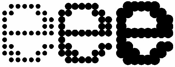 Concept of printed the letter 'E' with various size dots